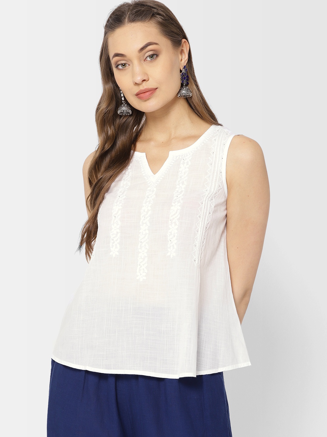

Fabindia Women White Solid A-Line Pure Cotton Top