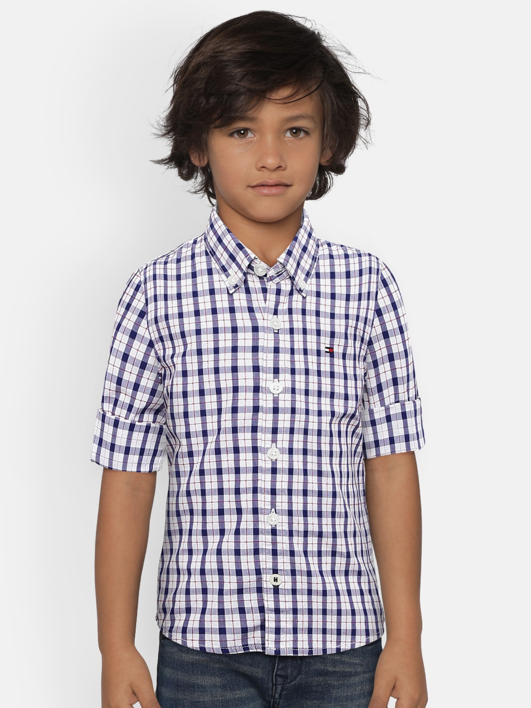 

Tommy Hilfiger Boys Blue & White Regular Fit Checked Casual Shirt