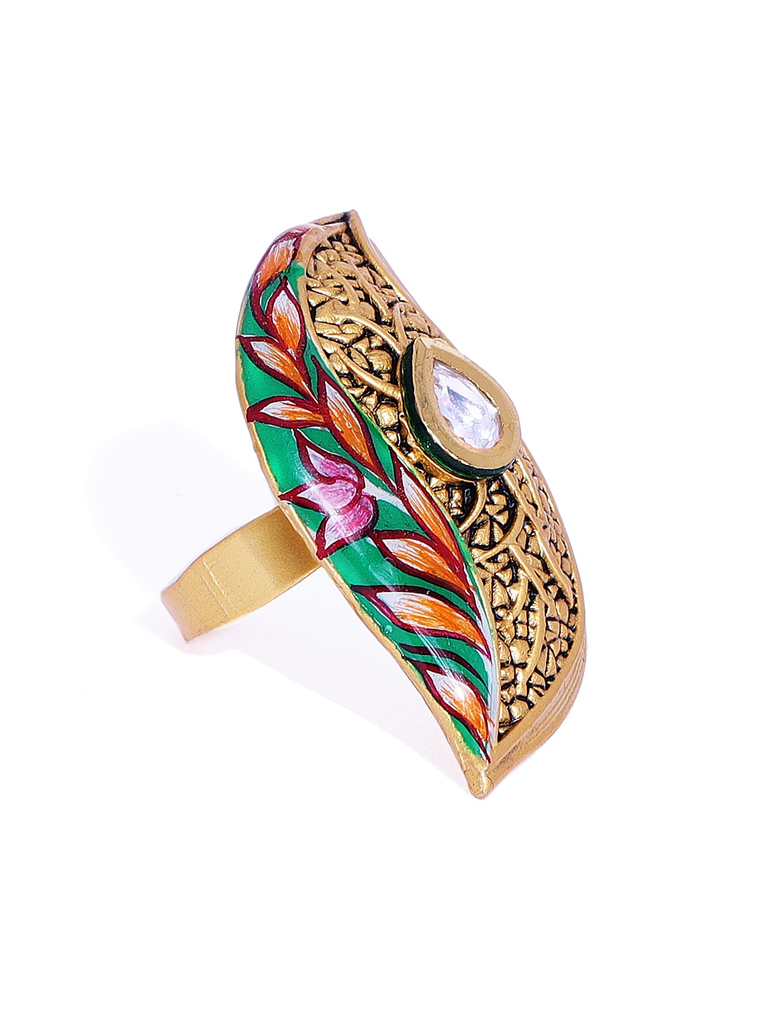 

AccessHer Women Gold-Toned Hand Painted Leaf Shaped Finger ring