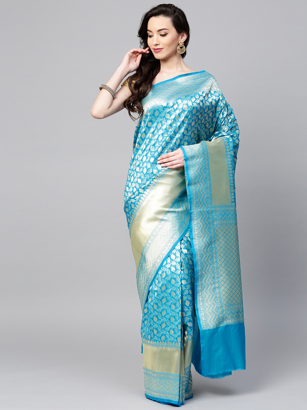 

Chhabra 555 Blue & Golden Woven Design Handloom Banarasi Saree