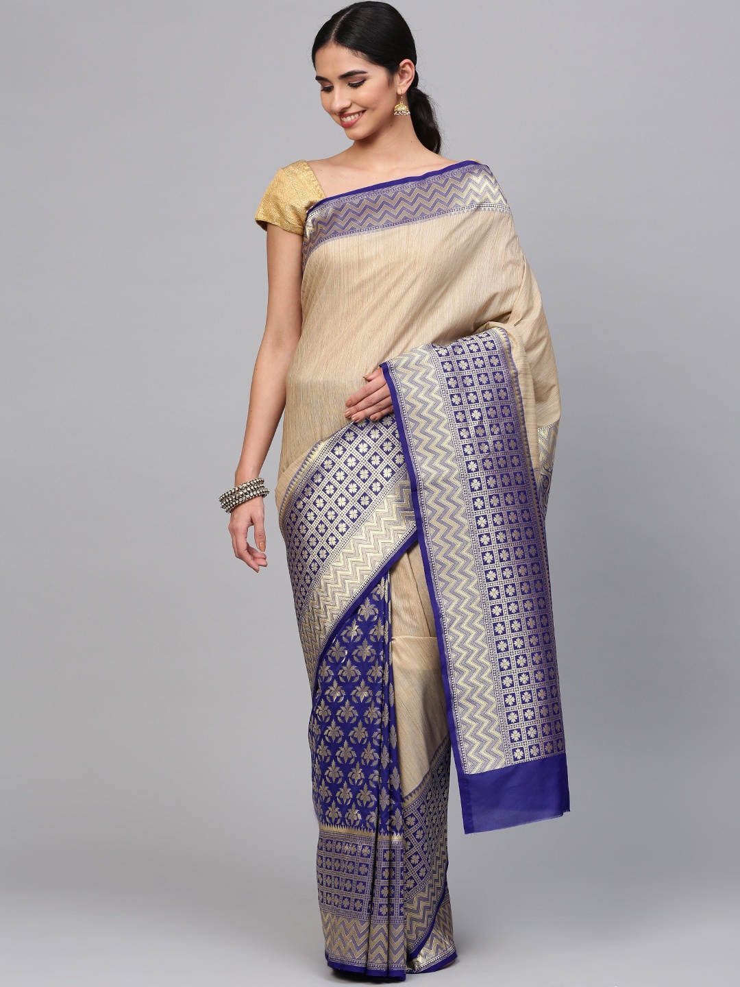 

Chhabra 555 Beige & Blue Solid Banarasi Handloom Saree