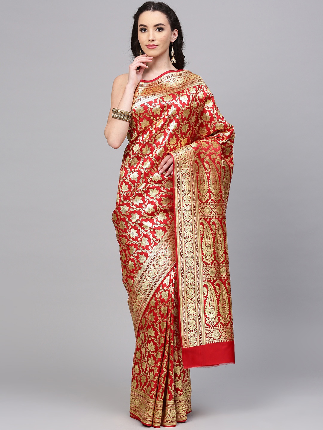 

Chhabra 555 Red & Gold-Toned Woven Design Kanjeevaram Zari Saree