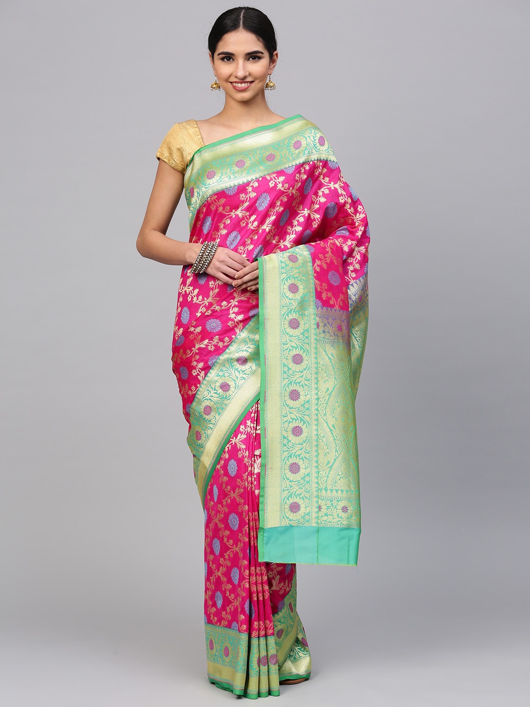 

Chhabra 555 Magenta & Green Handloom Floral Meenakari Pattern Banarasi Saree