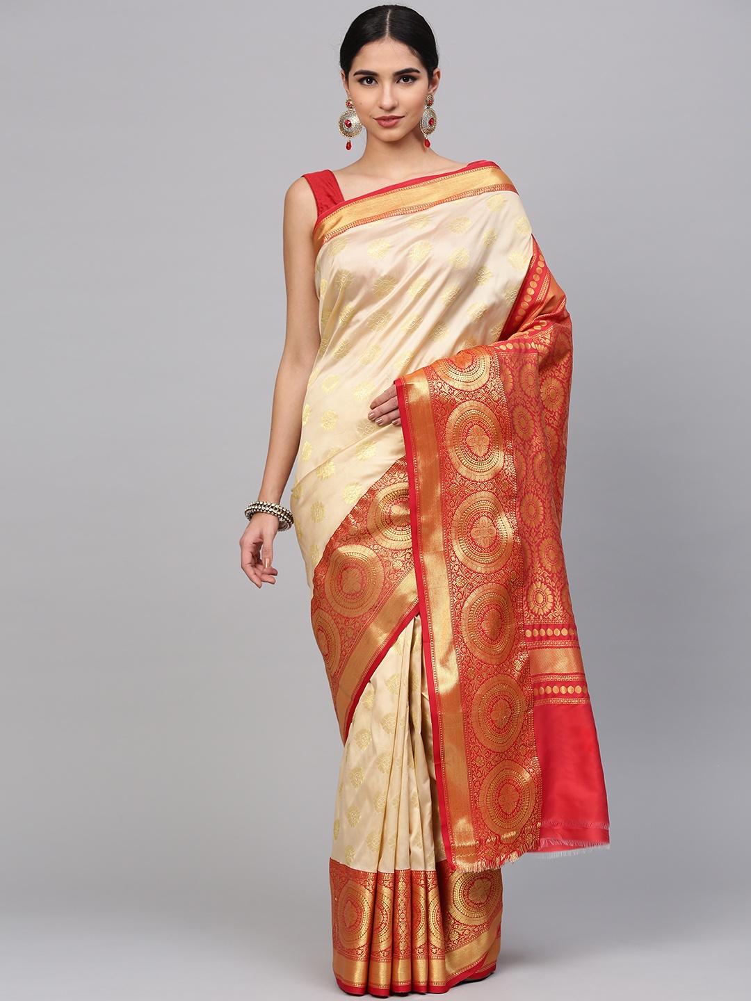 

Chhabra 555 Beige & Red Handloom Handwoven Bengali Style Banarasi Saree