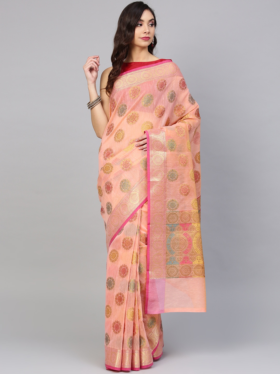 

Chhabra 555 Pink & Green Woven Design Banarasi Saree