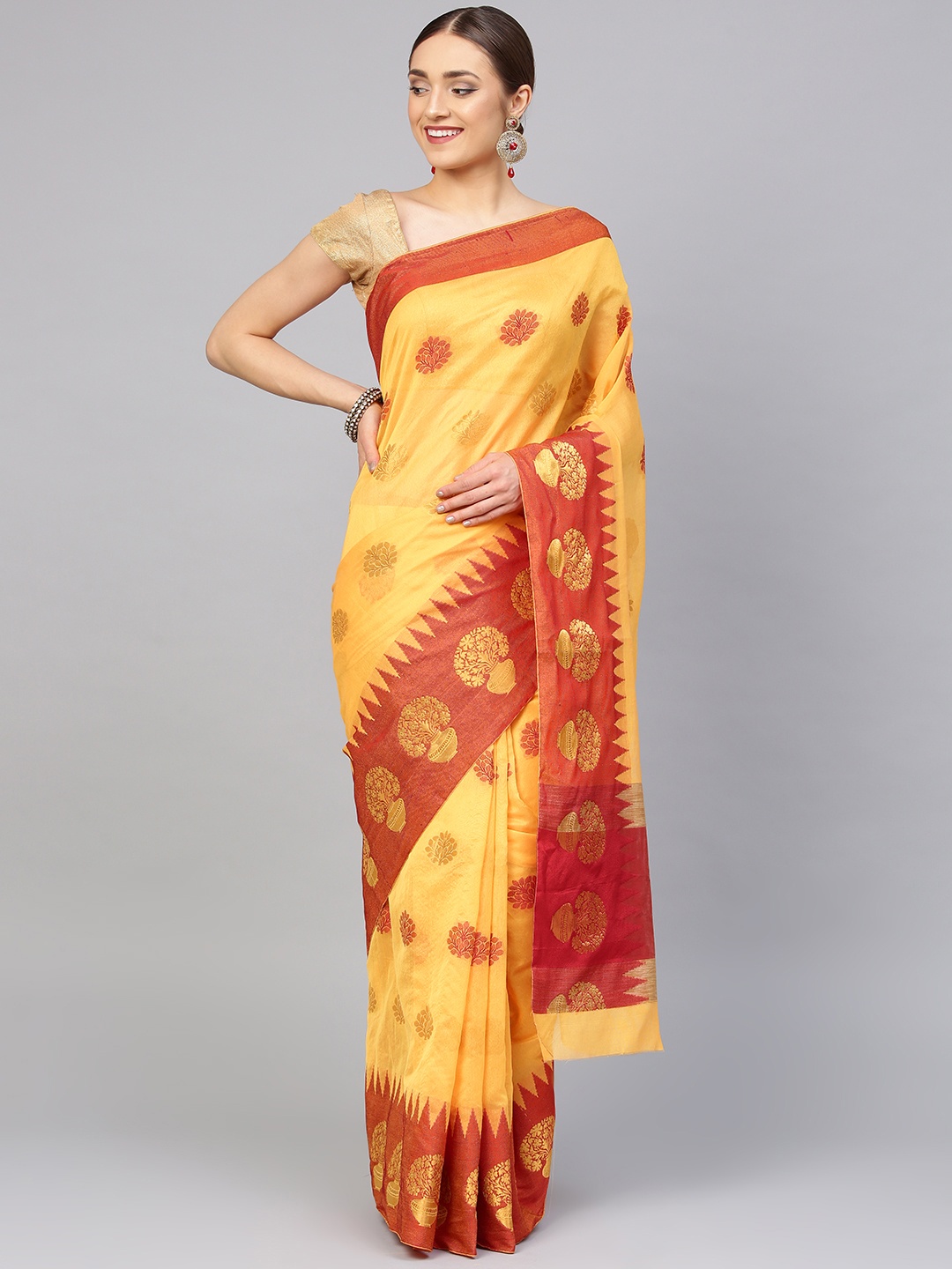 

Chhabra 555 Yellow & Red Handloom Handwoven Chanderi Saree