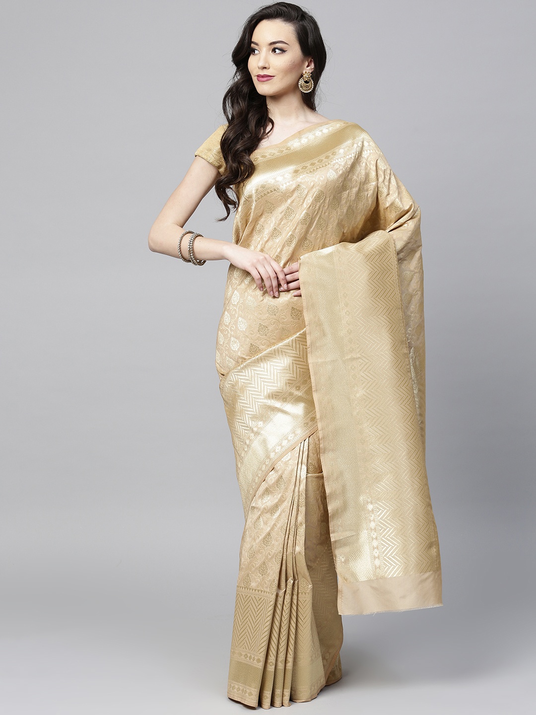 

Chhabra 555 Beige & Golden Handloom Woven Design Banarasi Saree