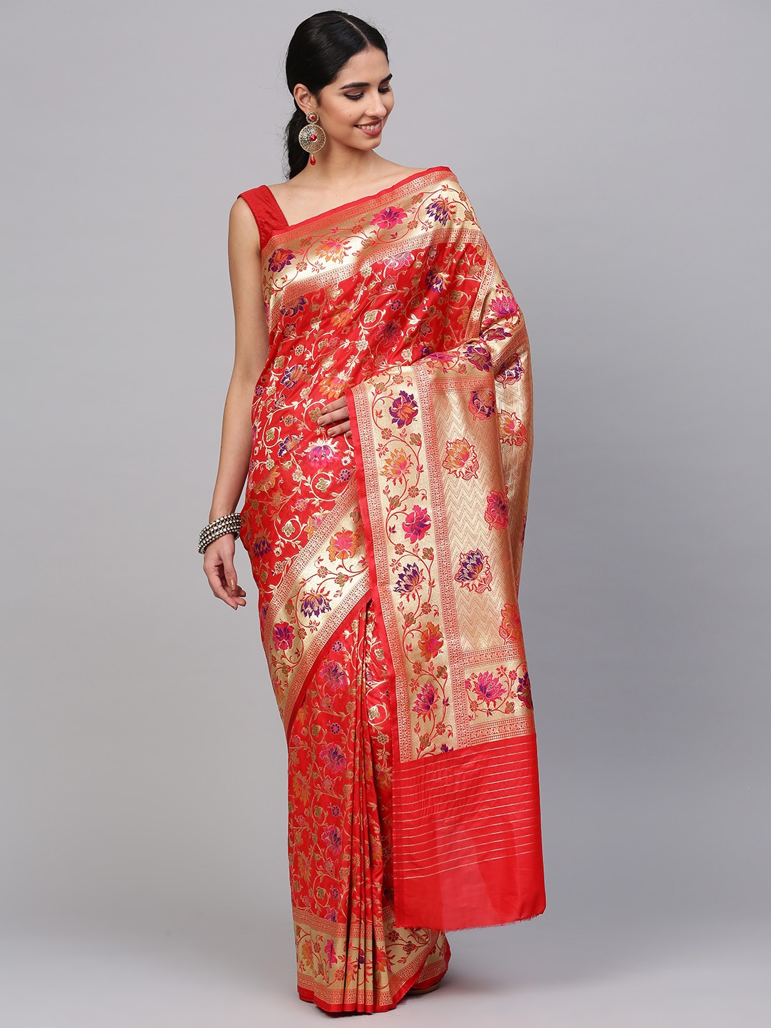 

Chhabra 555 Red & Golden Handloom Woven Floral Pattern Banarasi Saree