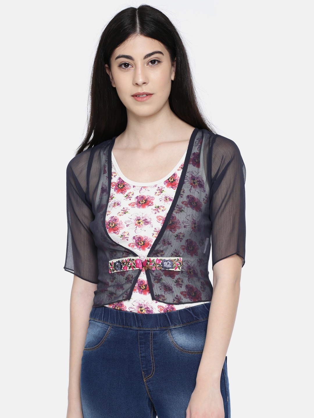 

Ira Soleil Women Navy Blue Embroidered Crop Button Shrug