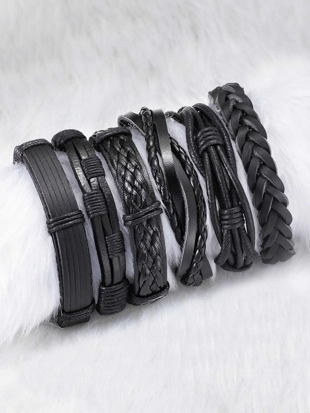 

Peora Men Black Pack Of 6 Leather Multistrand Bracelet