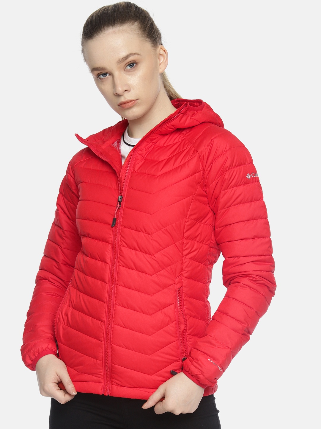 

Columbia Women Red Solid Powder Lite Windcheater and Water Resistant Hooded Hiking Jacket