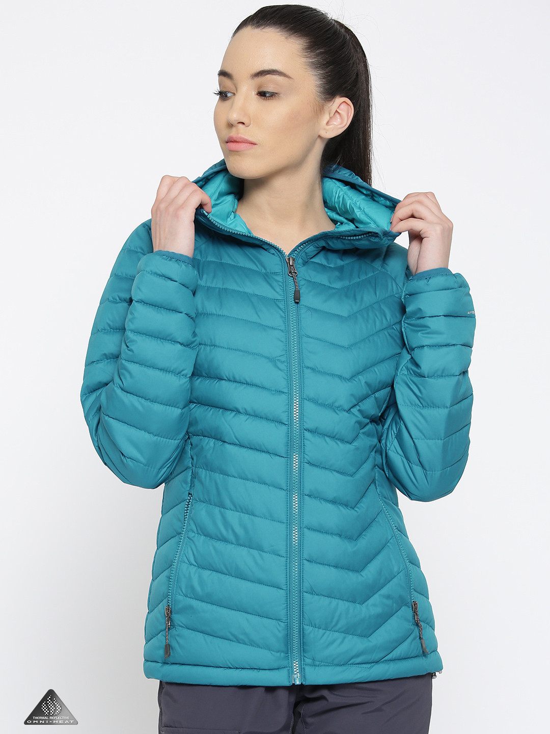 

Columbia Women Blue Solid Powder Lite Windcheater and Water Resistant Hooded Hiking Jacket