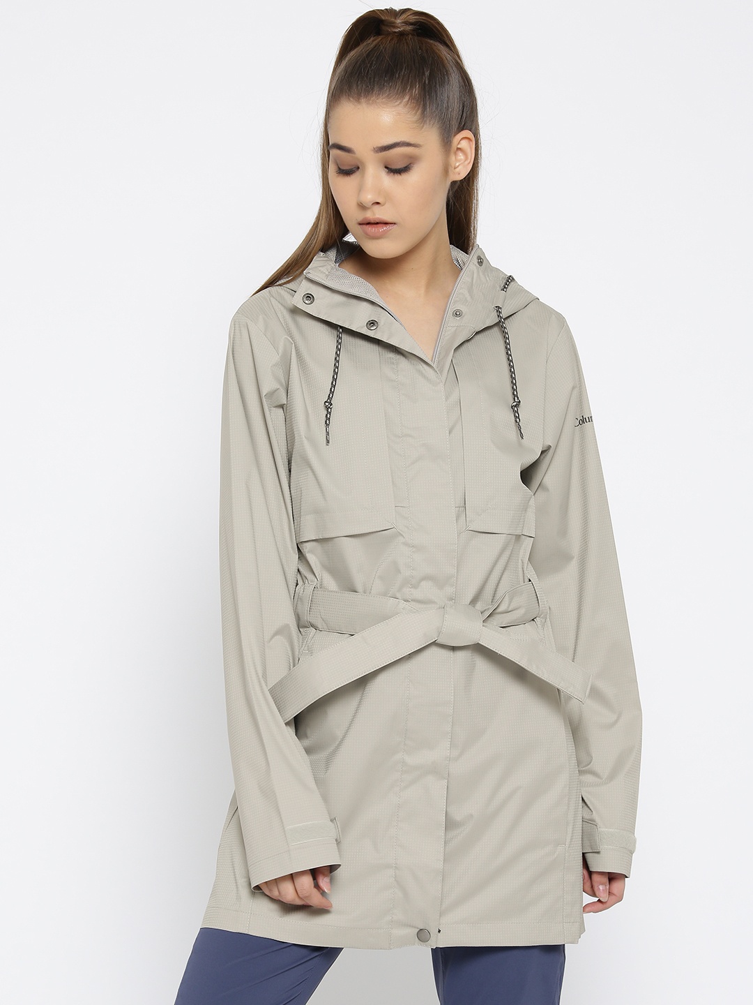 

Columbia Women Grey Self-Checked Pardon My Trench Waterproof Breathable Rain Jacket