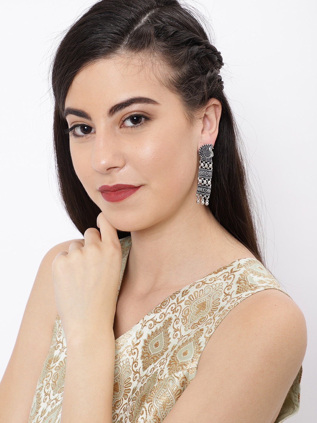 

Ayesha Silver-Toned Peacock Shaped Drop Earrings