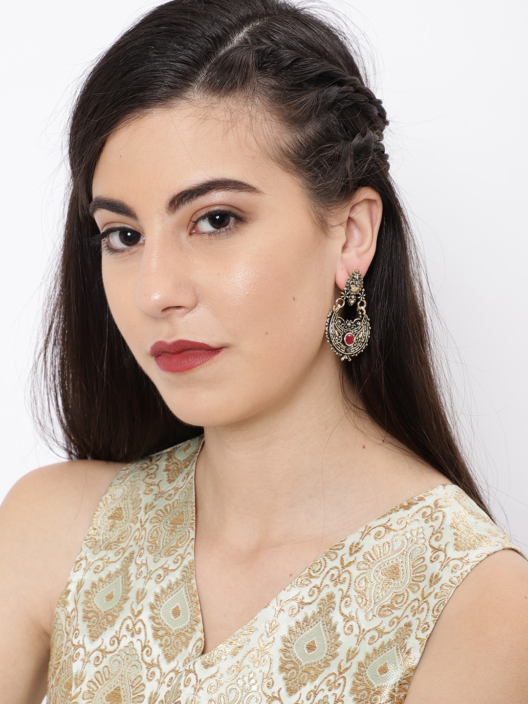 

Ayesha Gold Ethnic Oxidized Blue Rhinestone Ghungroo Chandbali Drop Earrings