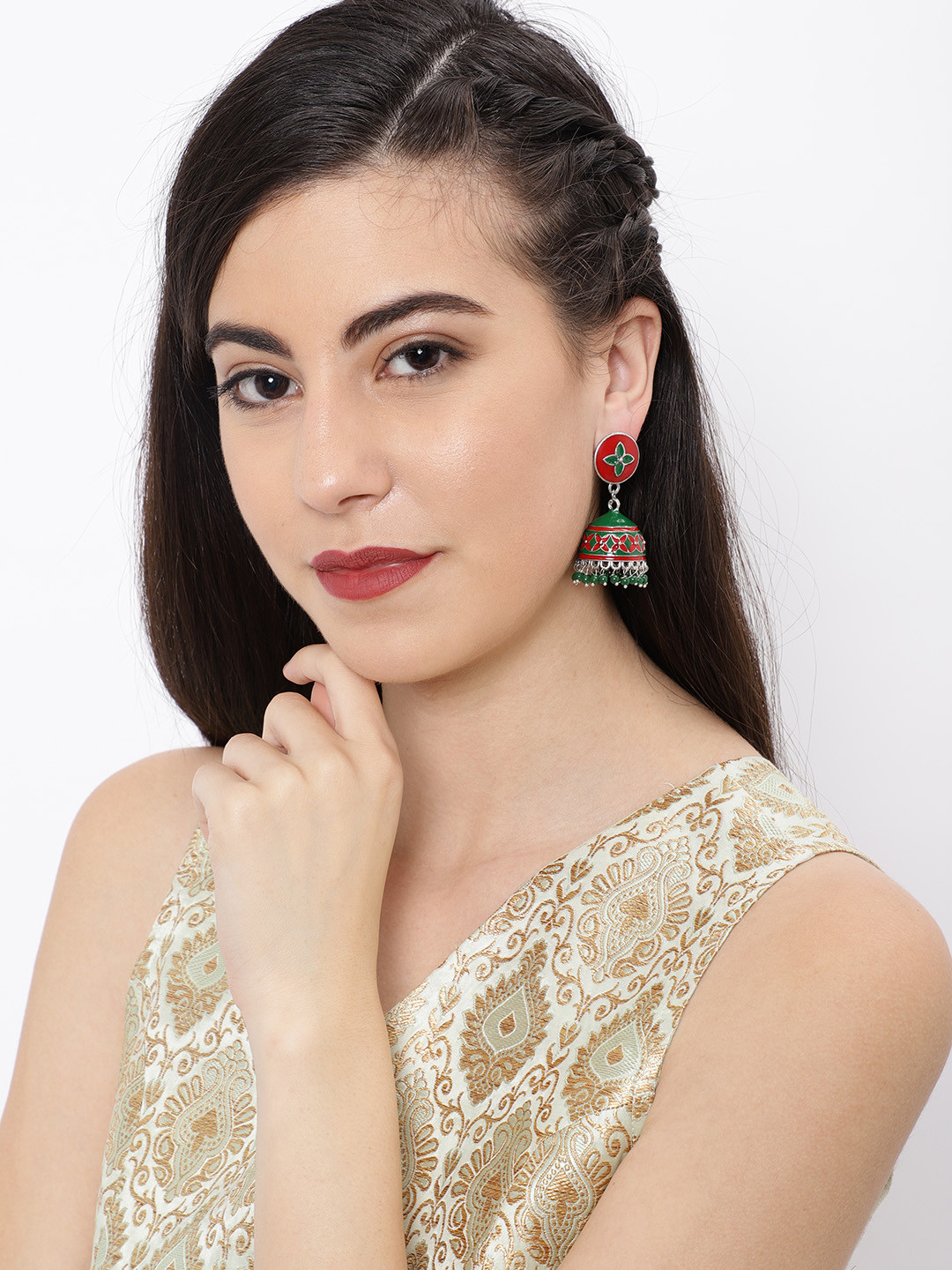 

Ayesha Green & Red Ethnic Enamel Ghungroo Jhumki Drop Earrings