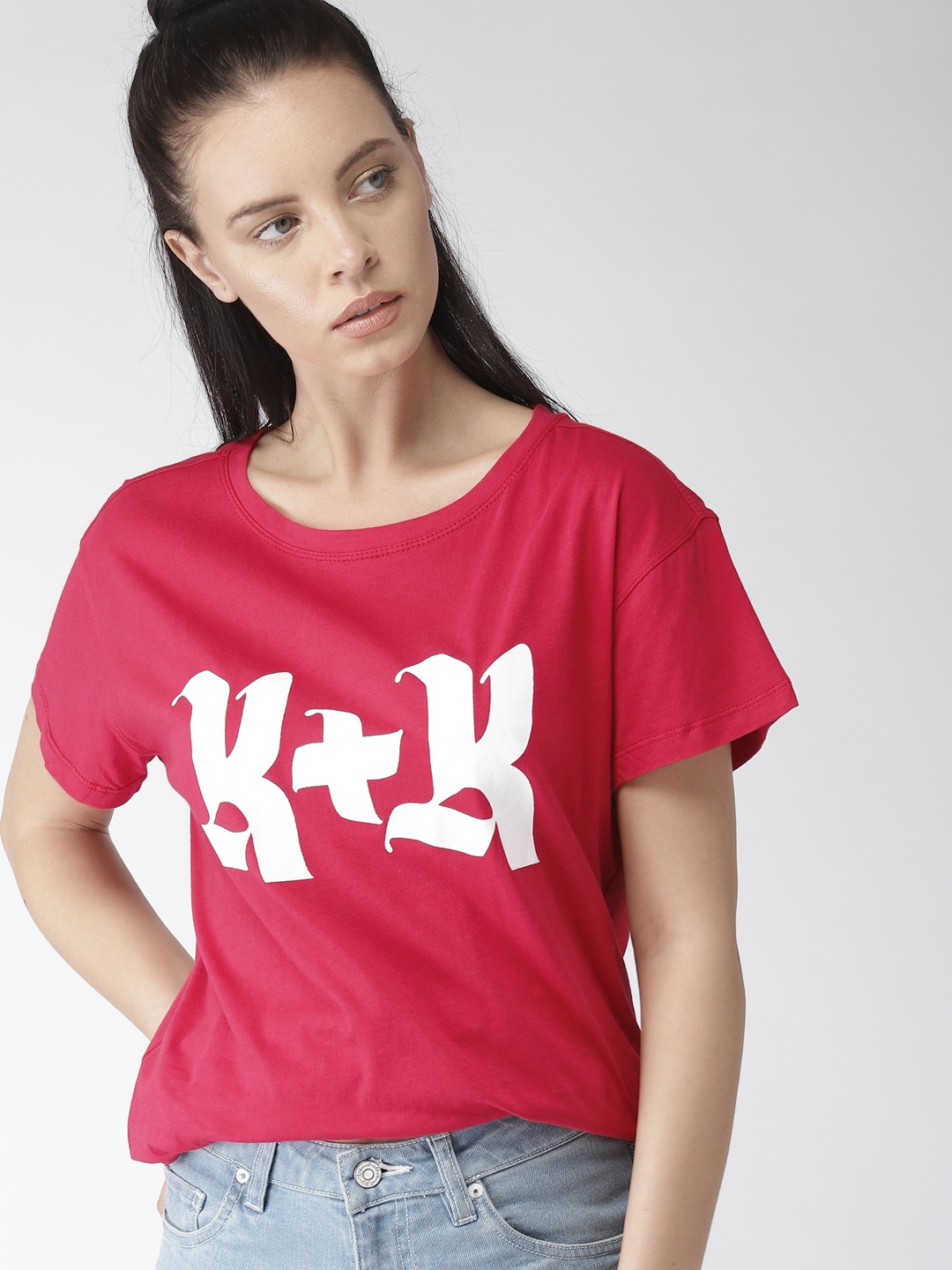 

FOREVER 21 Women Pink Printed Round Neck Pure Cotton T-shirt