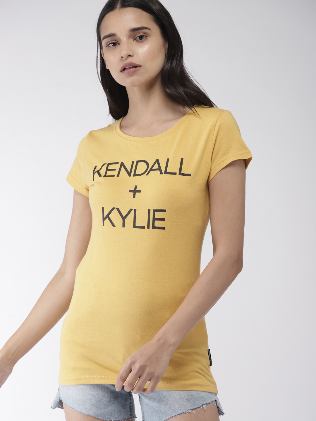 

FOREVER 21 Kendall + Kylie Women Yellow Printed Pure Cotton T-shirt