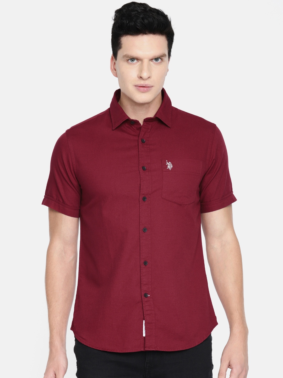 

U.S. Polo Assn. Men Maroon Tailored Fit Solid Casual Shirt
