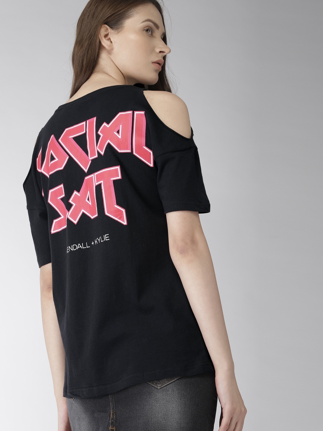 

FOREVER 21 Women Black Printed Round Neck Longline Pure Cotton T-shirt