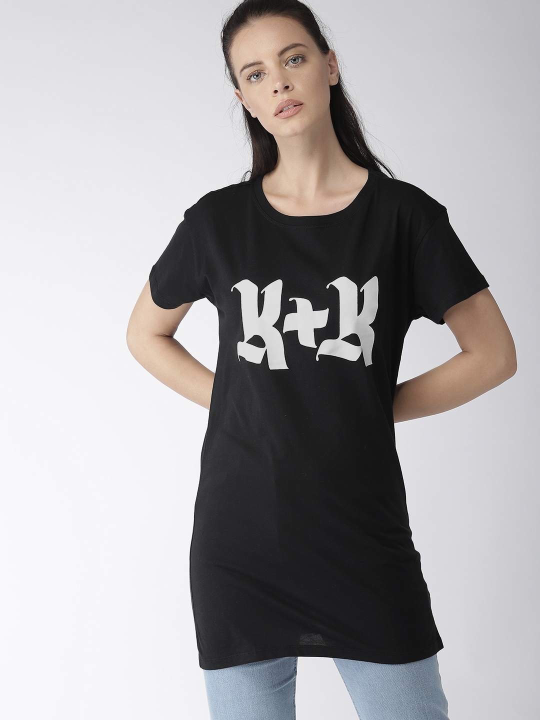 

FOREVER 21 Women Black Printed Round Neck Cold-Shoulder Pure Cotton T-shirt