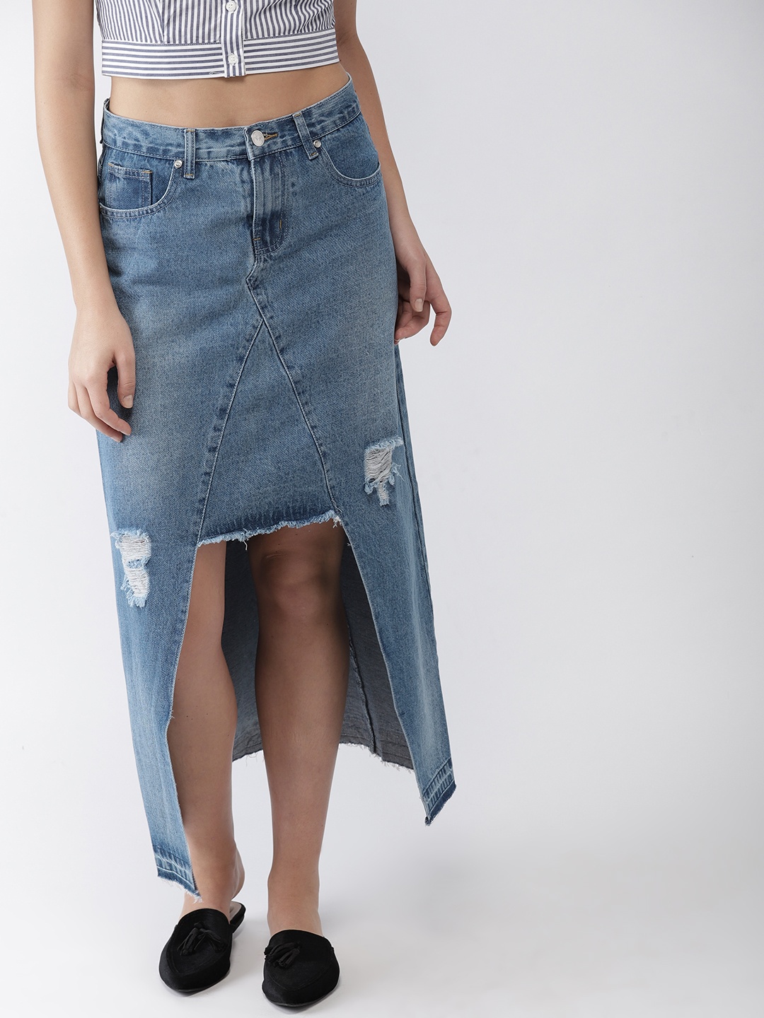 

FOREVER 21 Blue Washed High-Low Denim Straight Skirt