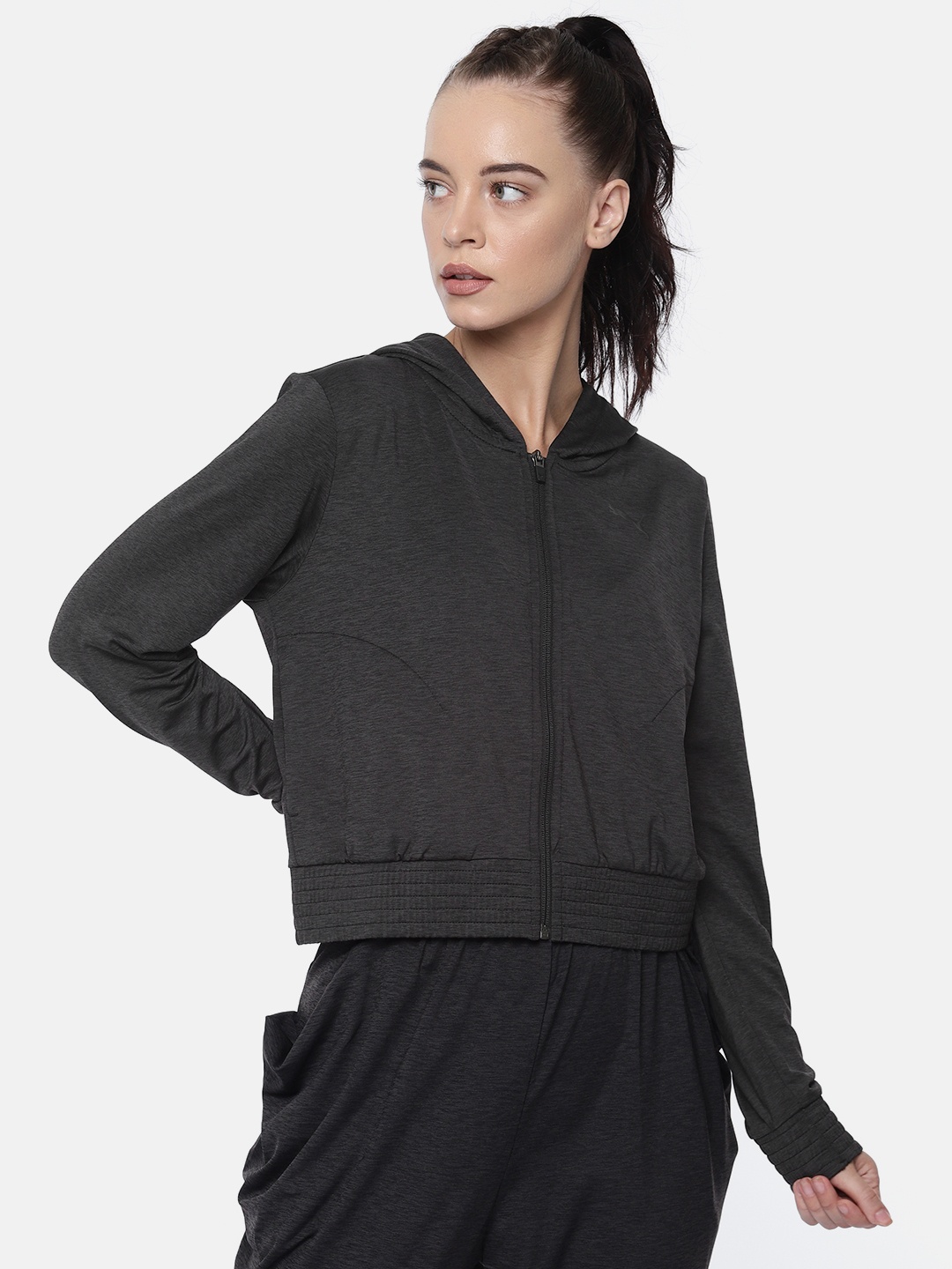 

Puma Women Black Soft Sports Drapey dryCELL Cropped Hooded Jacket