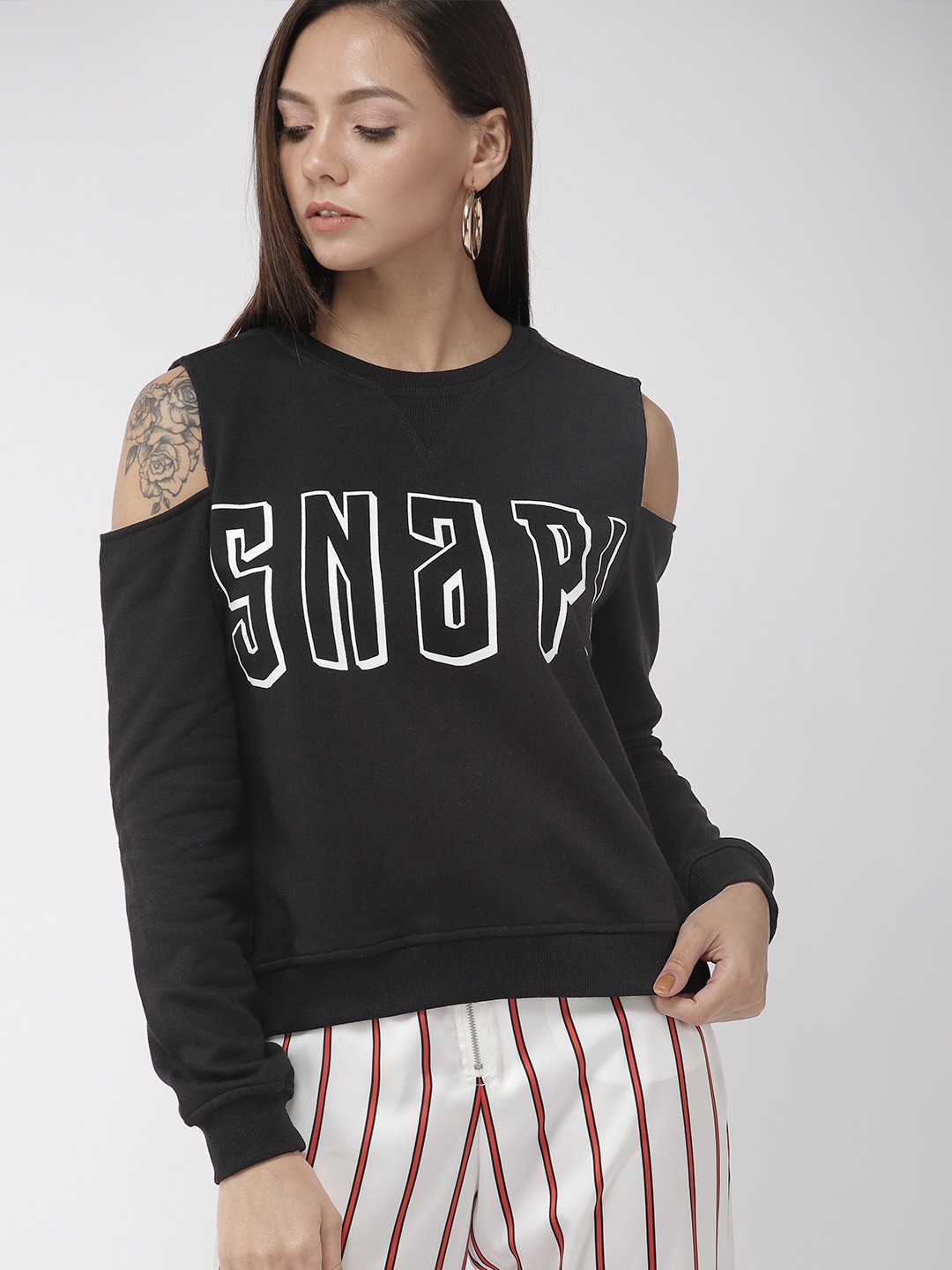 

FOREVER 21 Women Black Printed Cold Shoulder Sweatshirt