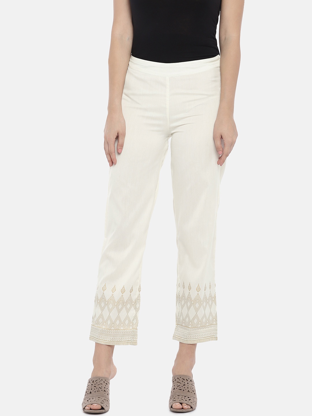 

Ethnicity Women Off-White Loose Fit Printed Regular Trousers