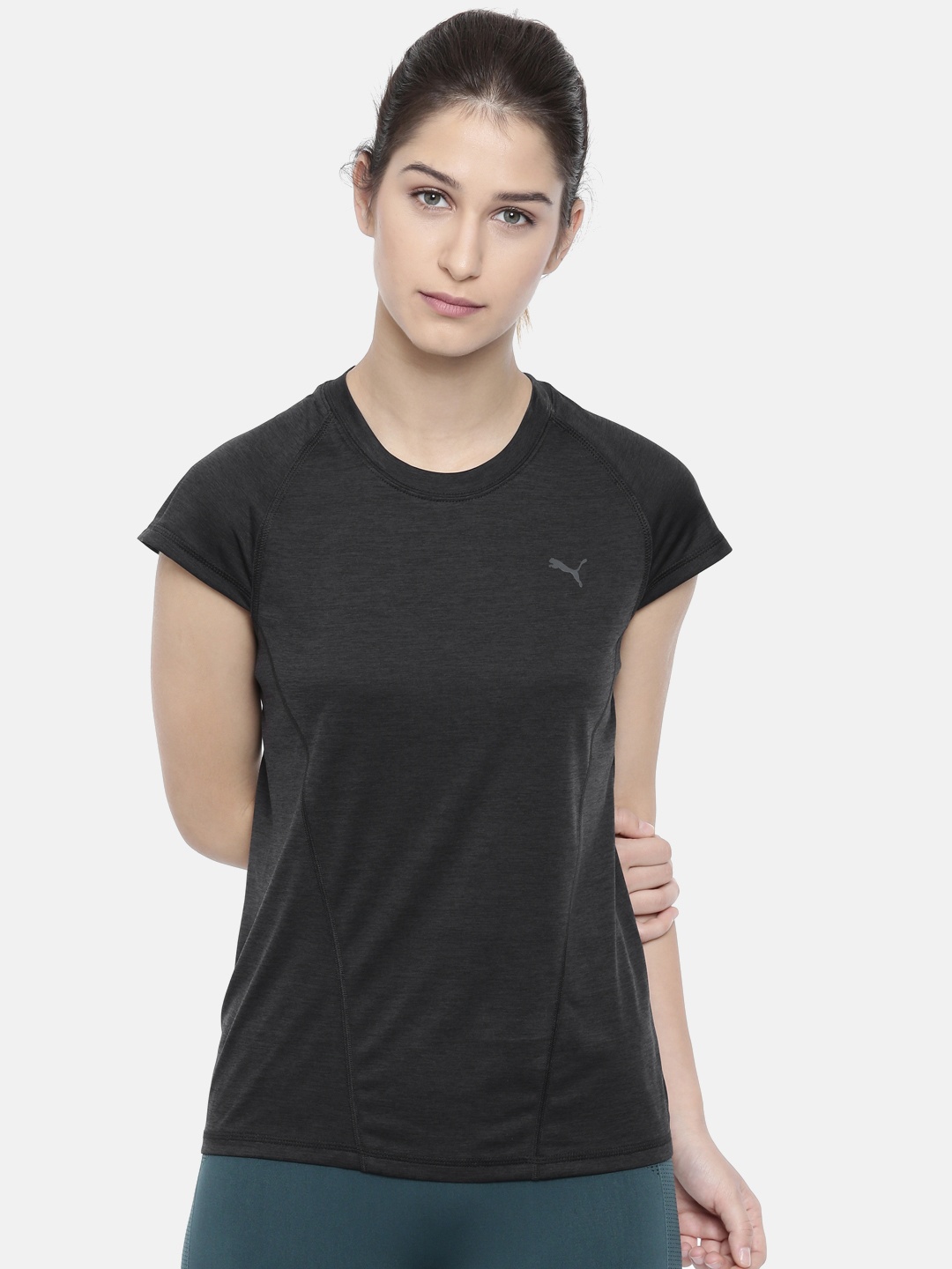 

Puma Women Black Solid Round Neck T-shirt