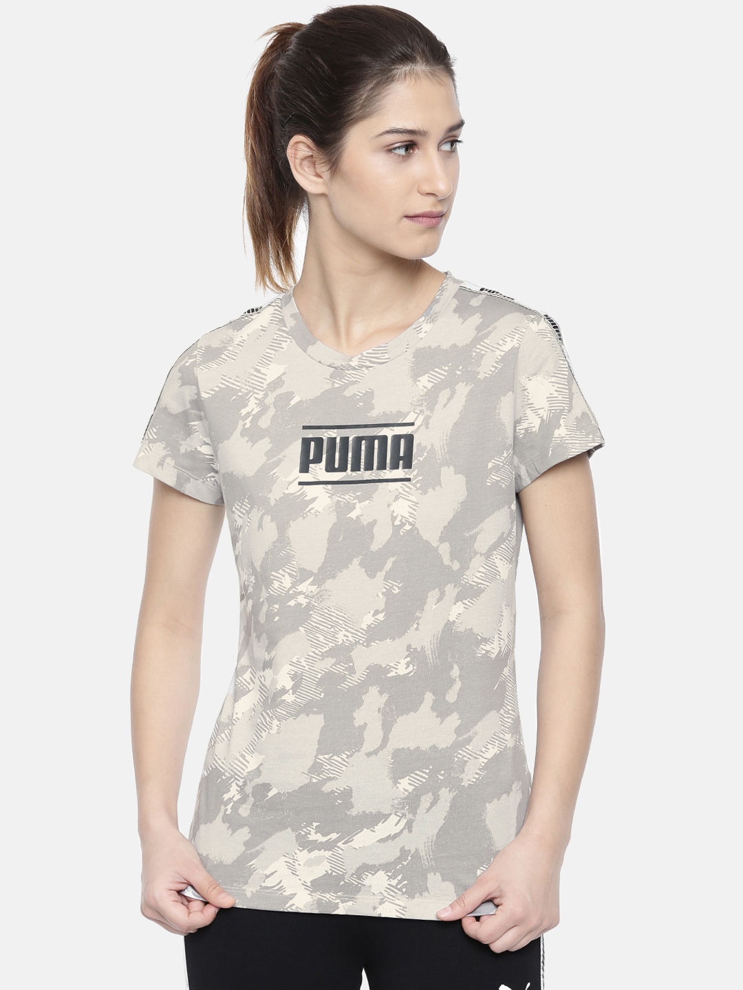

Puma Women Grey Off-White Printed Camo Pack AOP Round Neck Pure Cotton T-shirt