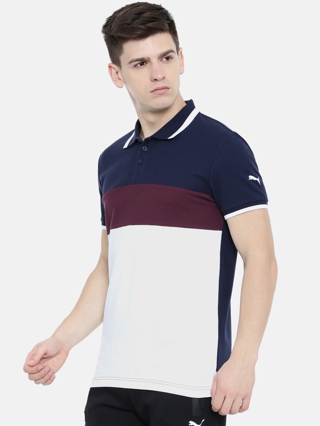 

Puma Men White Navy Blue Colourblocked Polo Collar Pure Cotton T-shirt