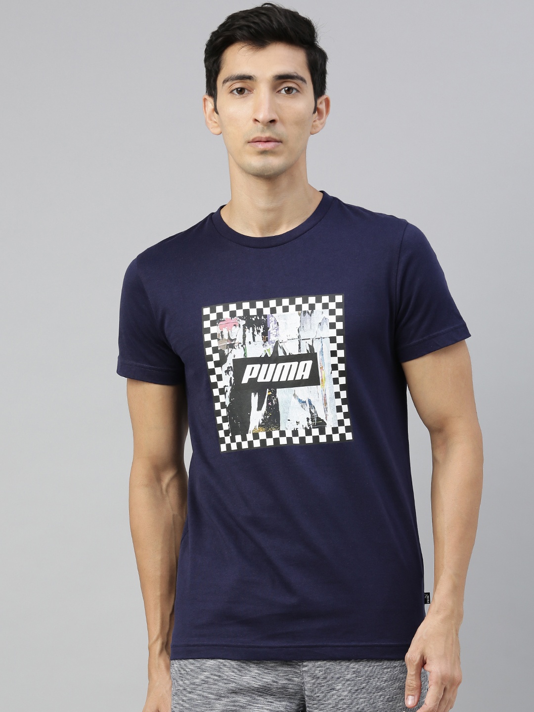 

Puma Men Navy Blue Printed Check Graphic Round Neck Pure Cotton T-shirt