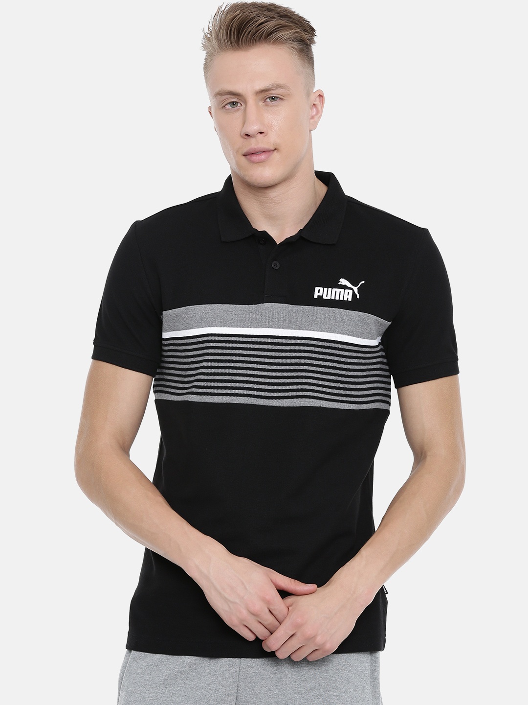 

Puma Men Black Grey ESS+ Striped Polo Collar Pure Cotton T-shirt