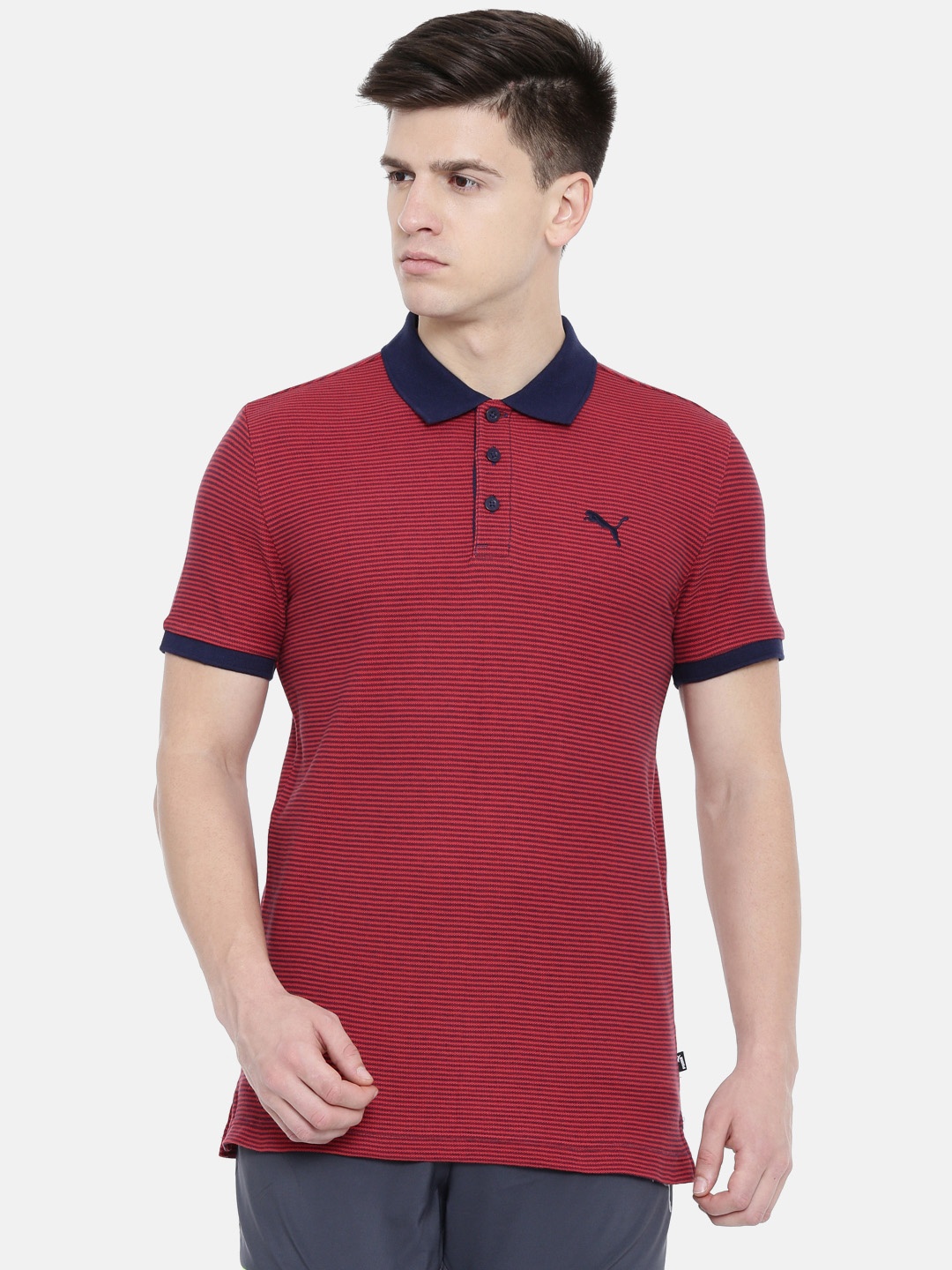 

Puma Men Red & Navy Blue Slim Fit Striped India Pin Stripe Polo T-Shirt