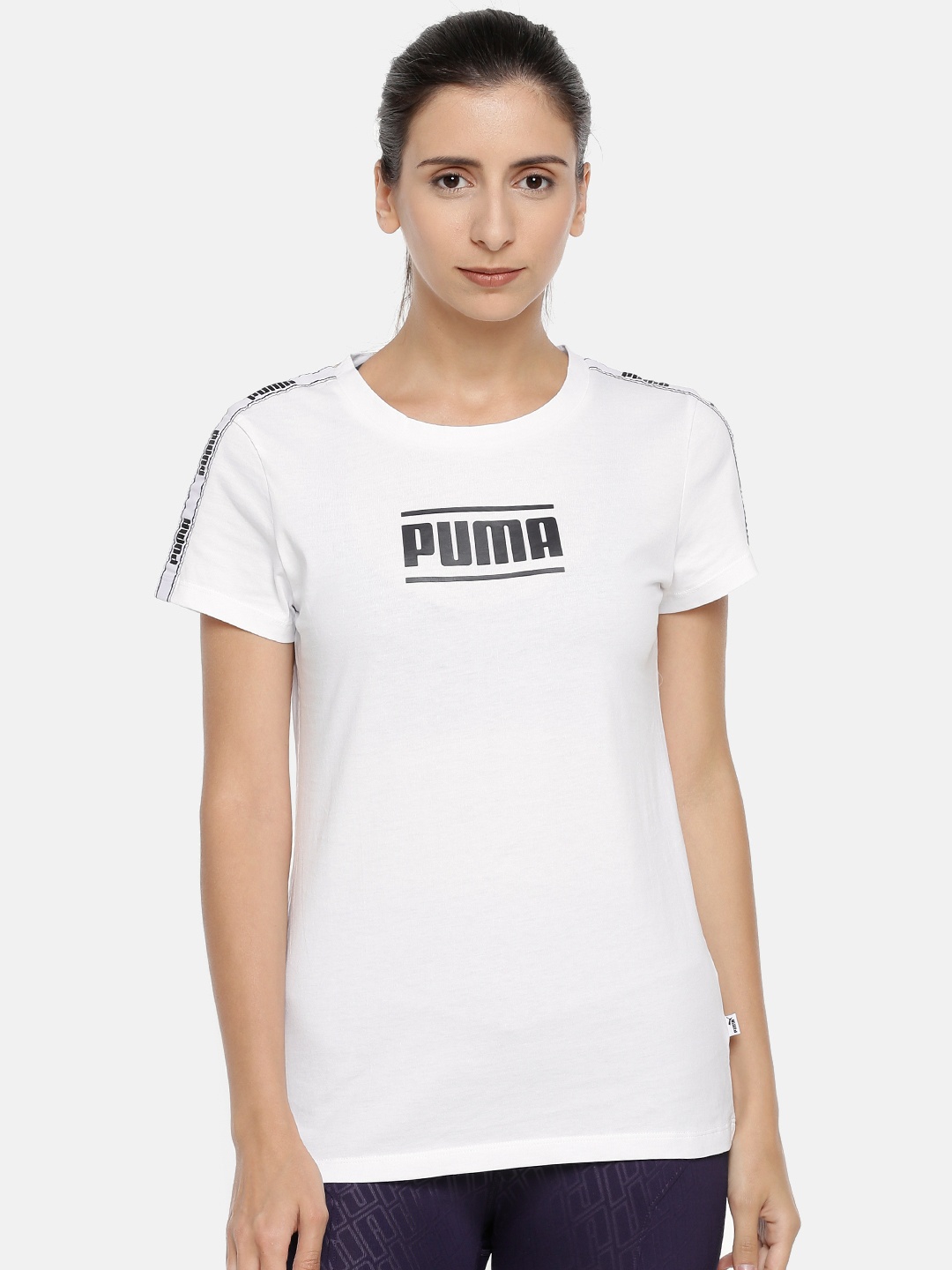 

Puma Women White Solid Round Neck Pure Cotton T-shirt