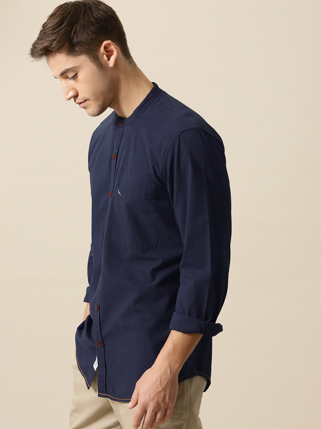 

Mr Bowerbird Men Navy Blue Tailored Fit Self Design Casual Shirt