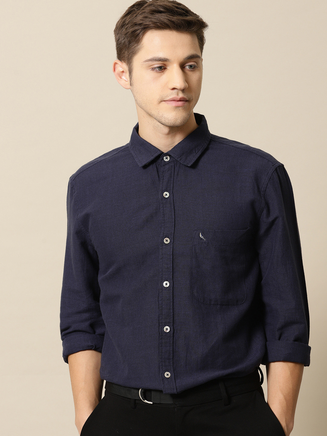 

Mr Bowerbird Men Navy Blue Tailored Fit Self-Design Casual Shirt