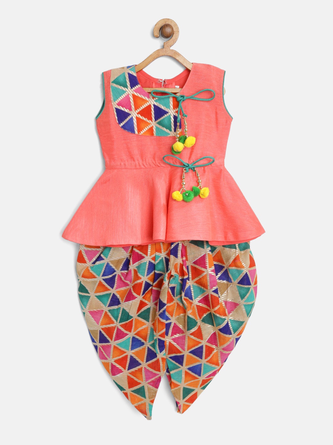 

BownBee Girls Peach-Coloured & Blue Yoke Design Kurta with Dhoti Pants