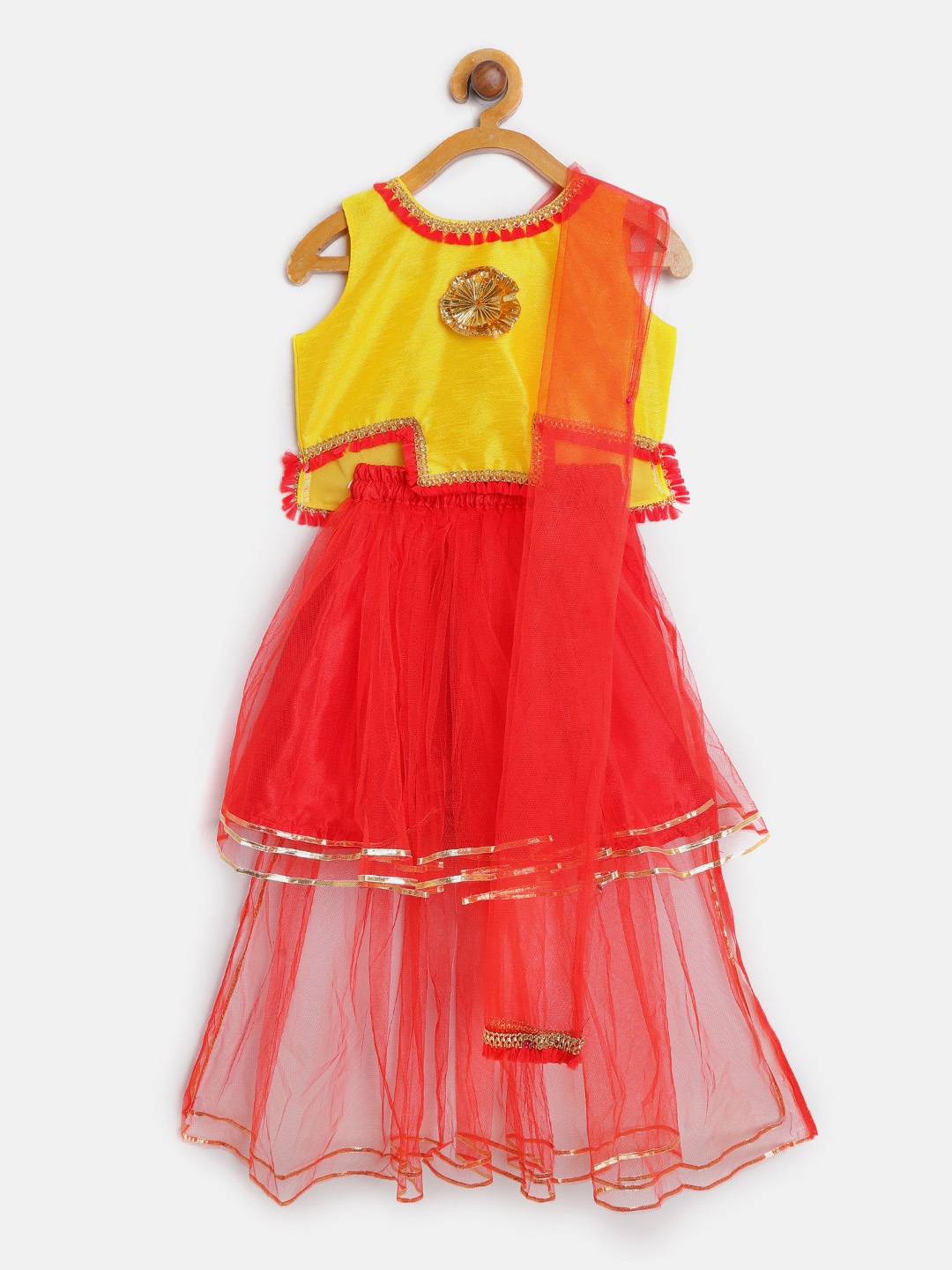 

BownBee Girls Red & Yellow Embellished Ready to Wear Lehenga & Blouse with Dupatta