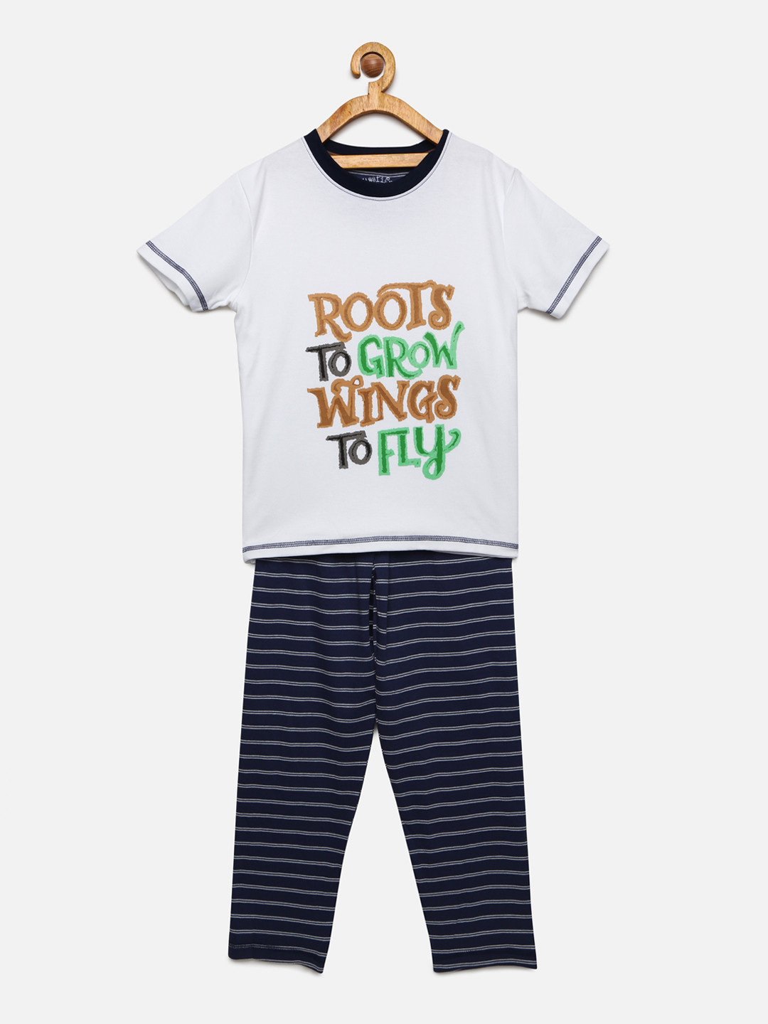 

mackly Boys White & Navy Blue Printed Night suit S5-25-12-14 yrs