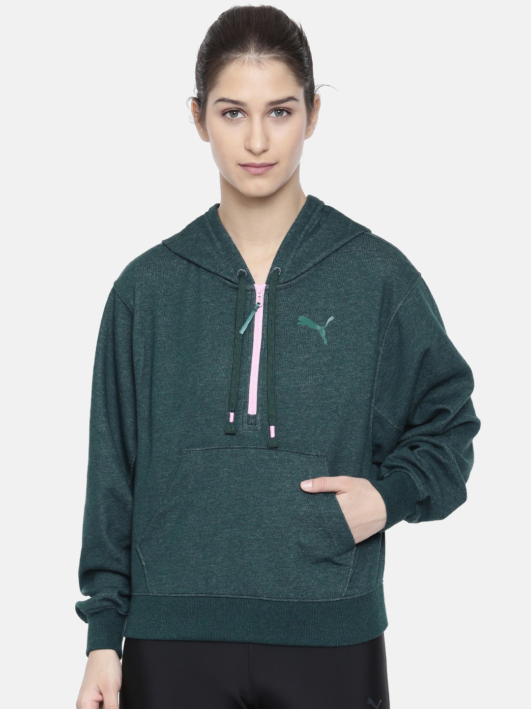 

Puma Women Green Solid Hooded Sweatshirt