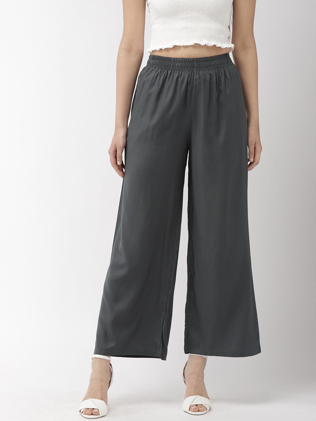 

Go Colors Women Charcoal Grey Solid Liva Wide Leg Palazzos