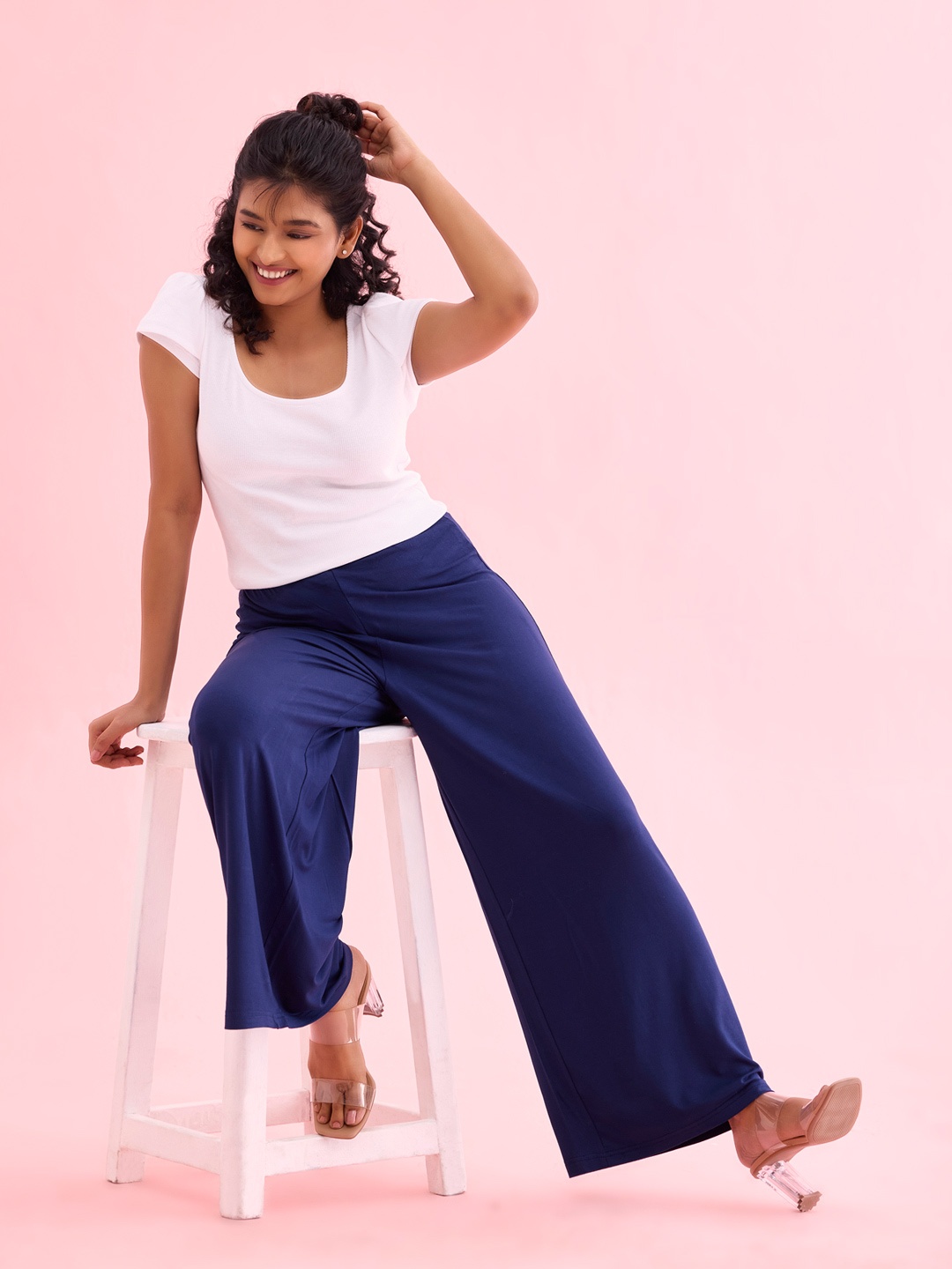 

Go Colors Women Navy Blue Solid Wrinkle Resistant Wide Leg Palazzos