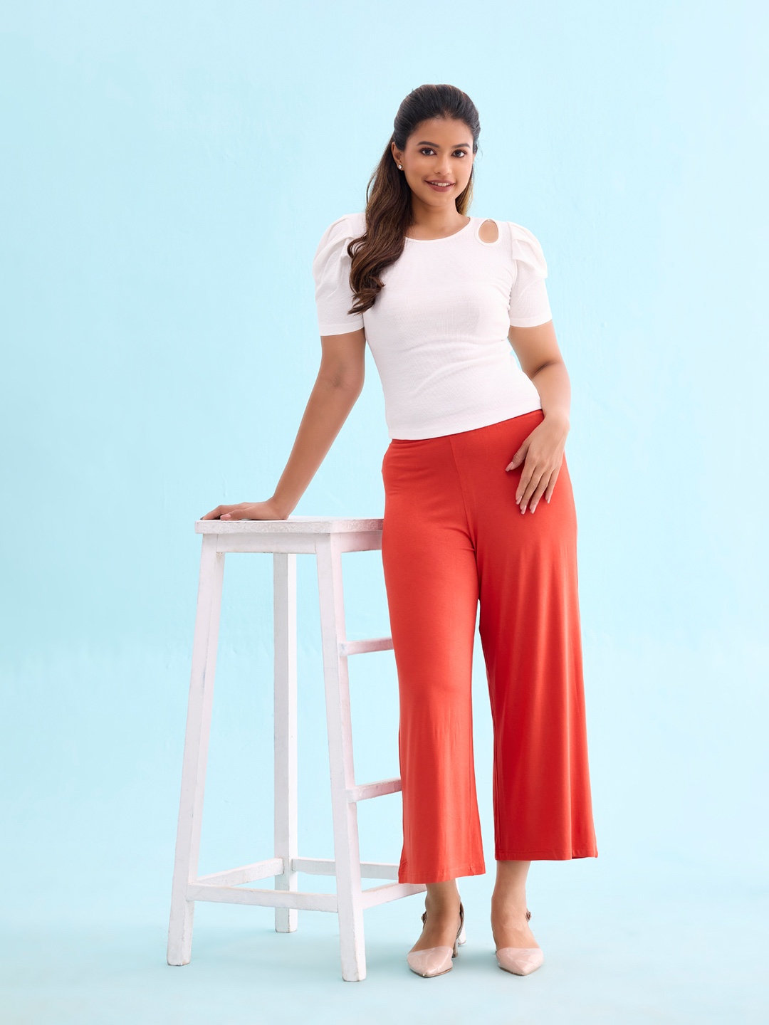 

Go Colors Women Rust Orange Solid Wrinkle Resistant Wide Leg Palazzos