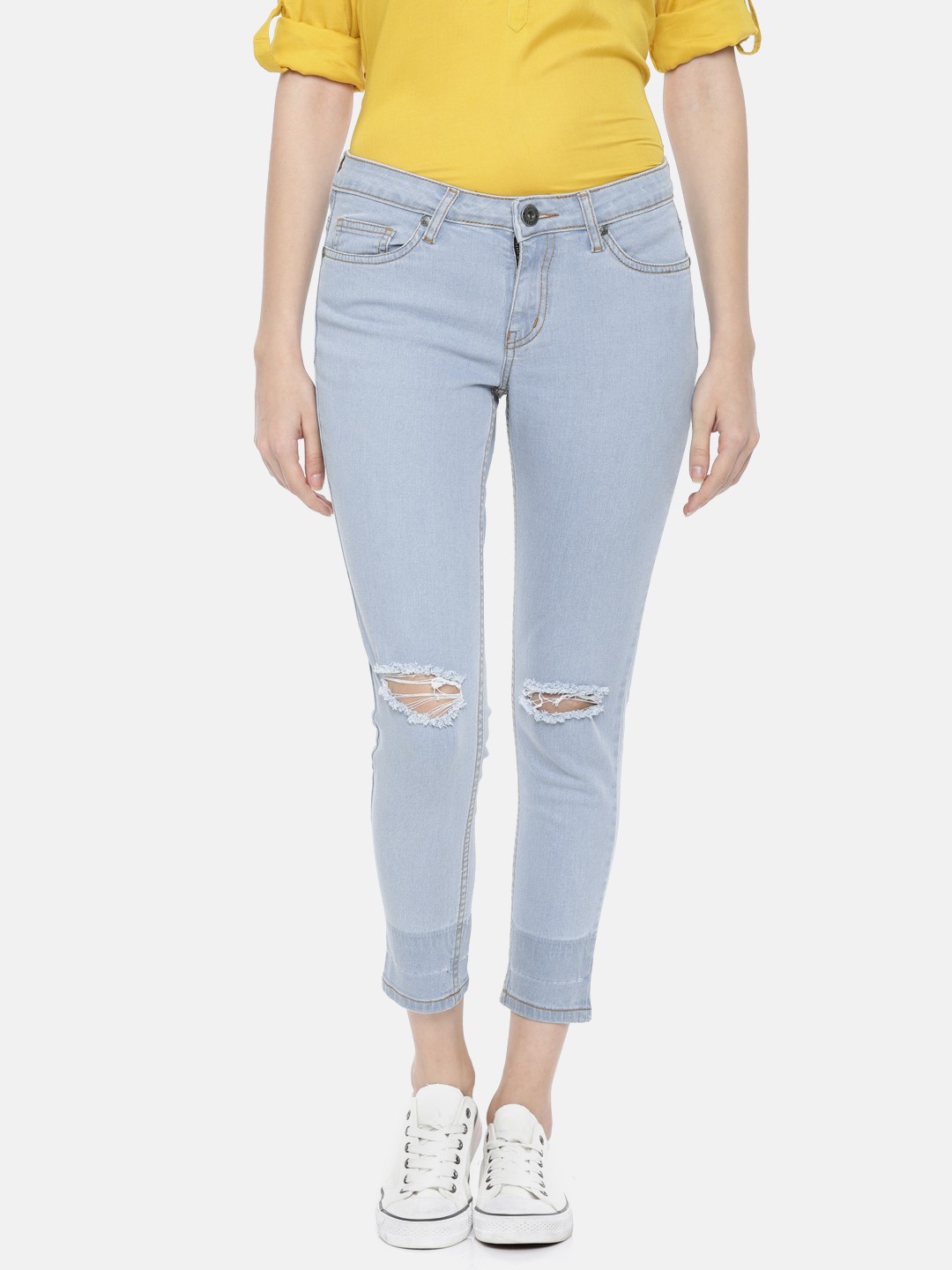 

People Women Blue Skinny Fit Mid-Rise Slash Knee Stretchable Cropped Jeans