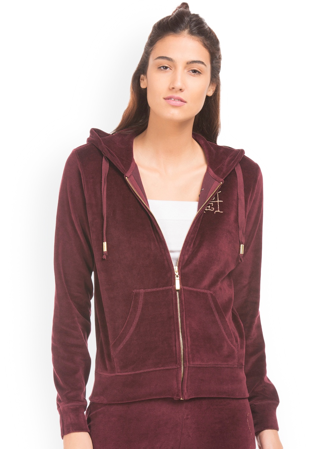

Ed Hardy Women Maroon Solid Velvet Finish Hooded Sweatshirt