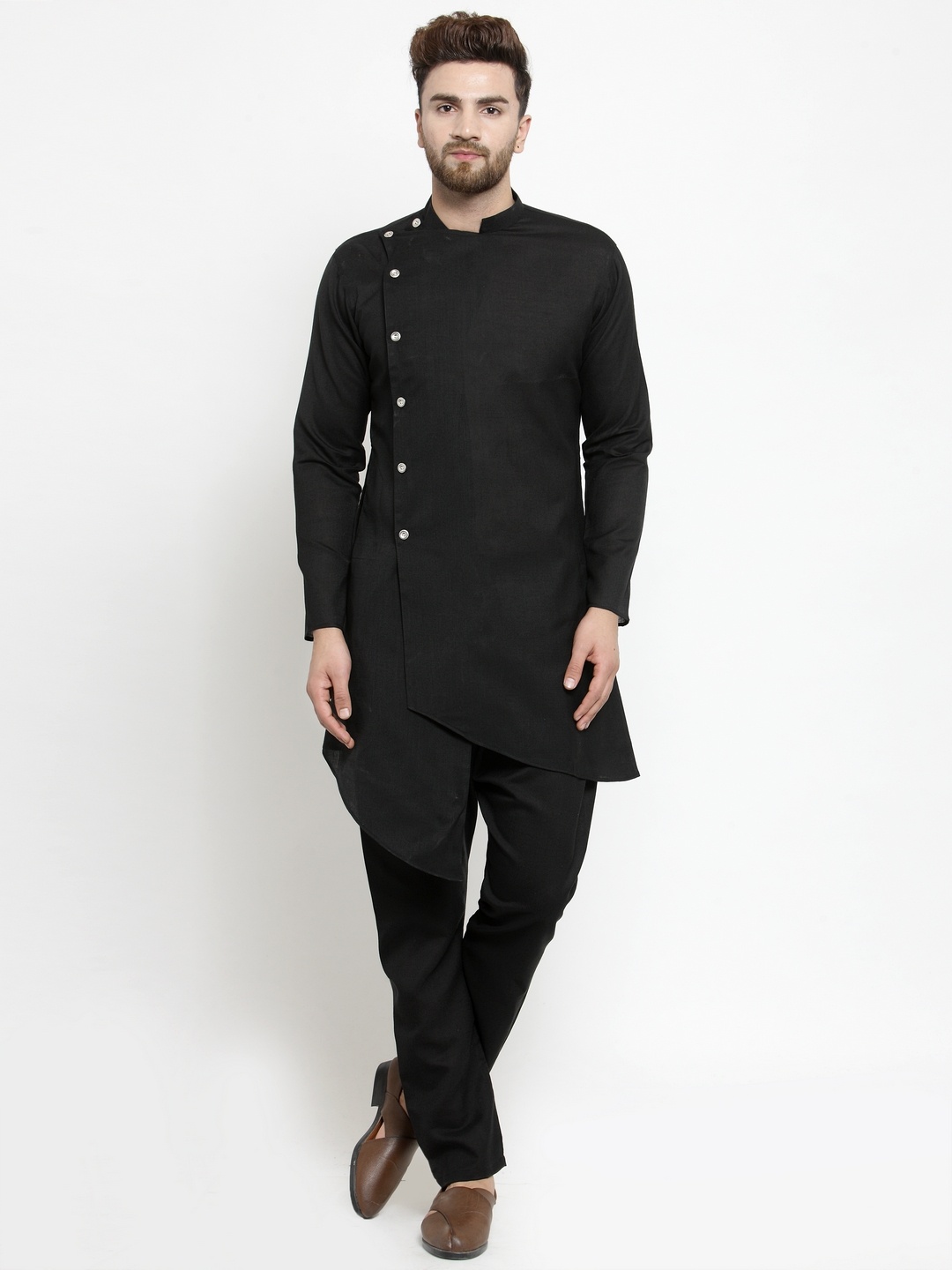 

TREEMODA Men Black Solid Straight Linen Asymmetric Kurta
