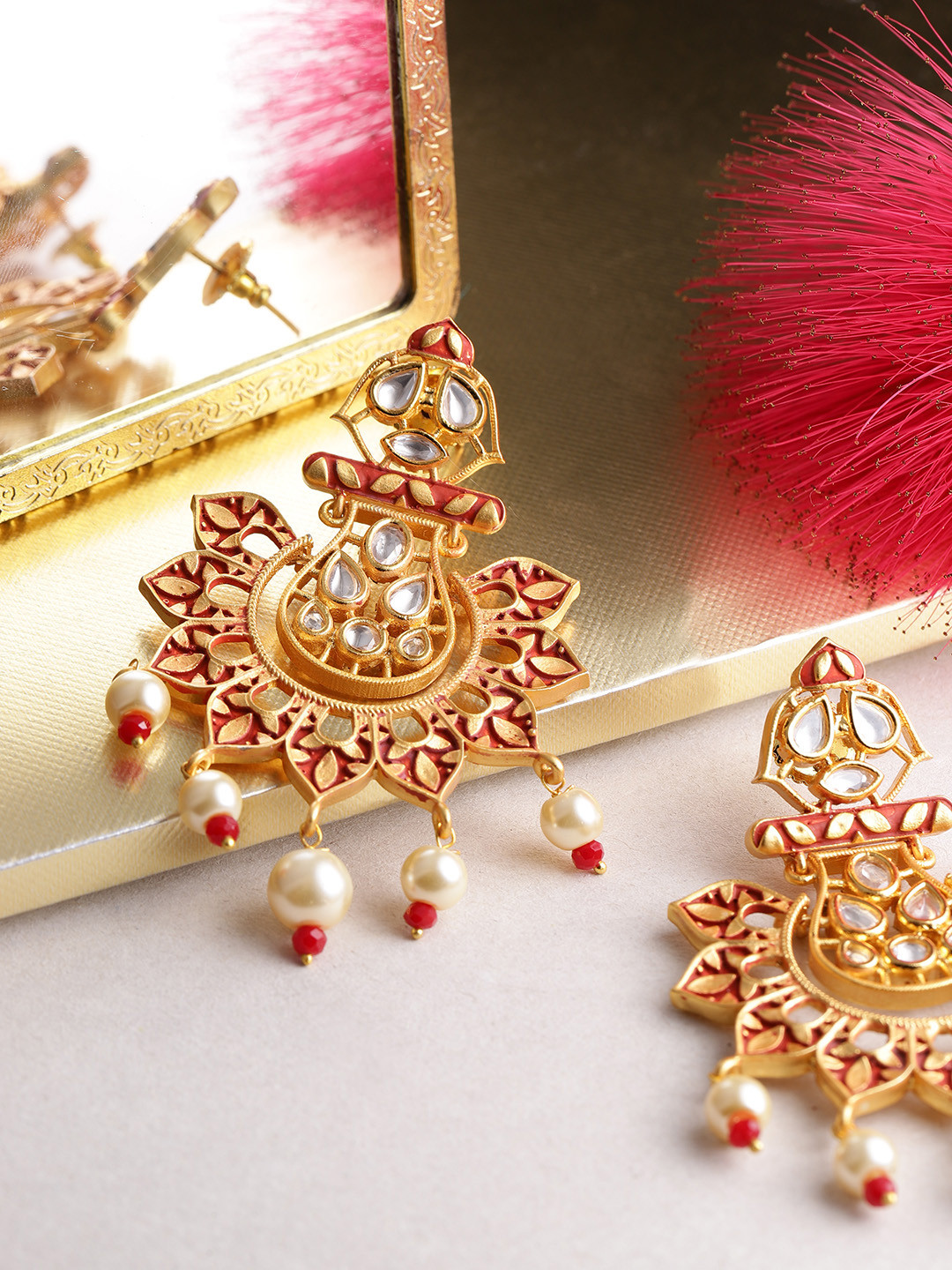

Melani Borsa Red Gold-Plated Handcrafted Kundan-Studded Classic Drop Earrings