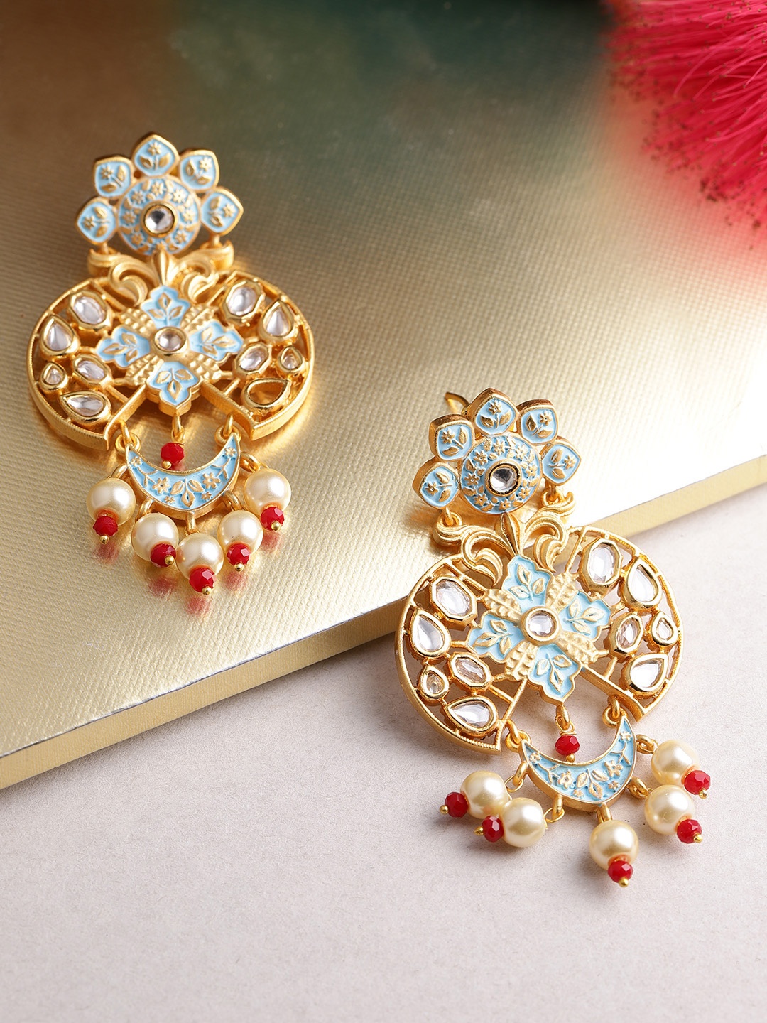 

Melani Borsa Blue Gold-Plated Kundan-Studded Classic Drop Earrings